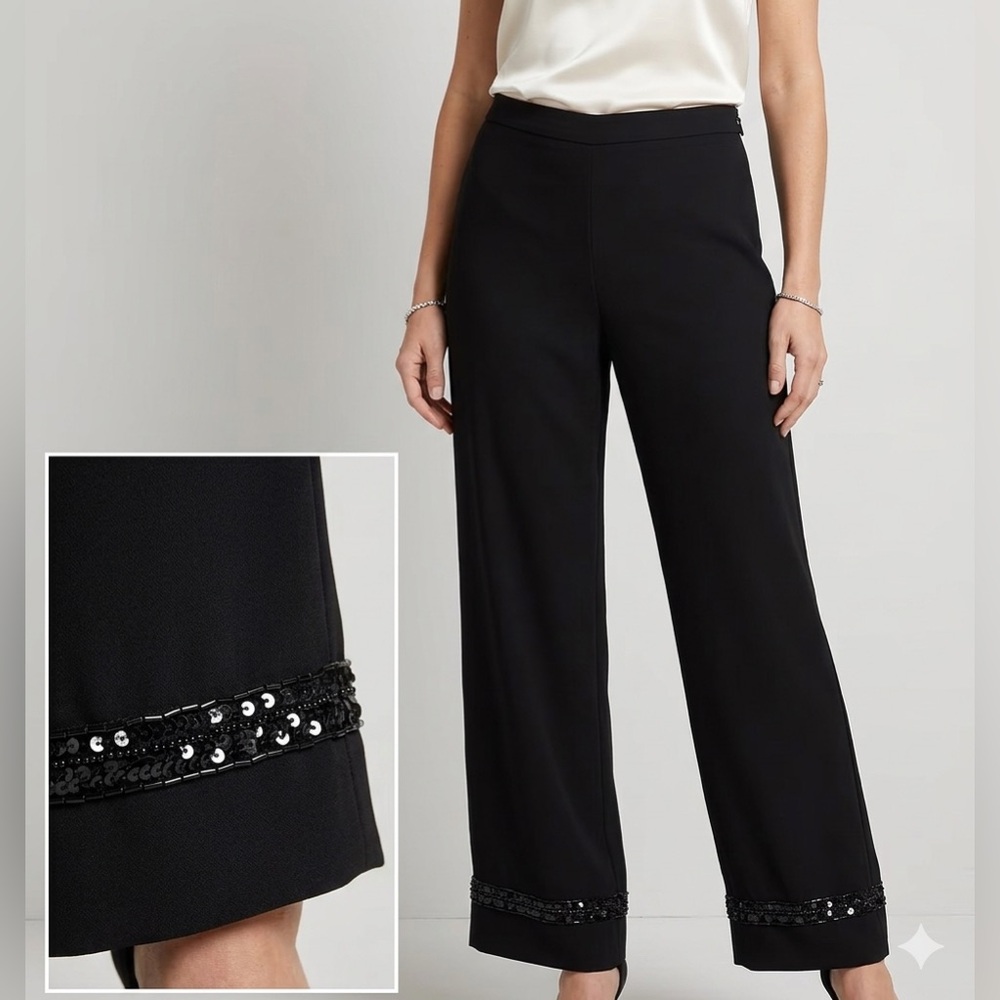 Additionelle Black Wide Leg Crop Pants Beaded Trim Hem Elastic Waist Dressy 1948